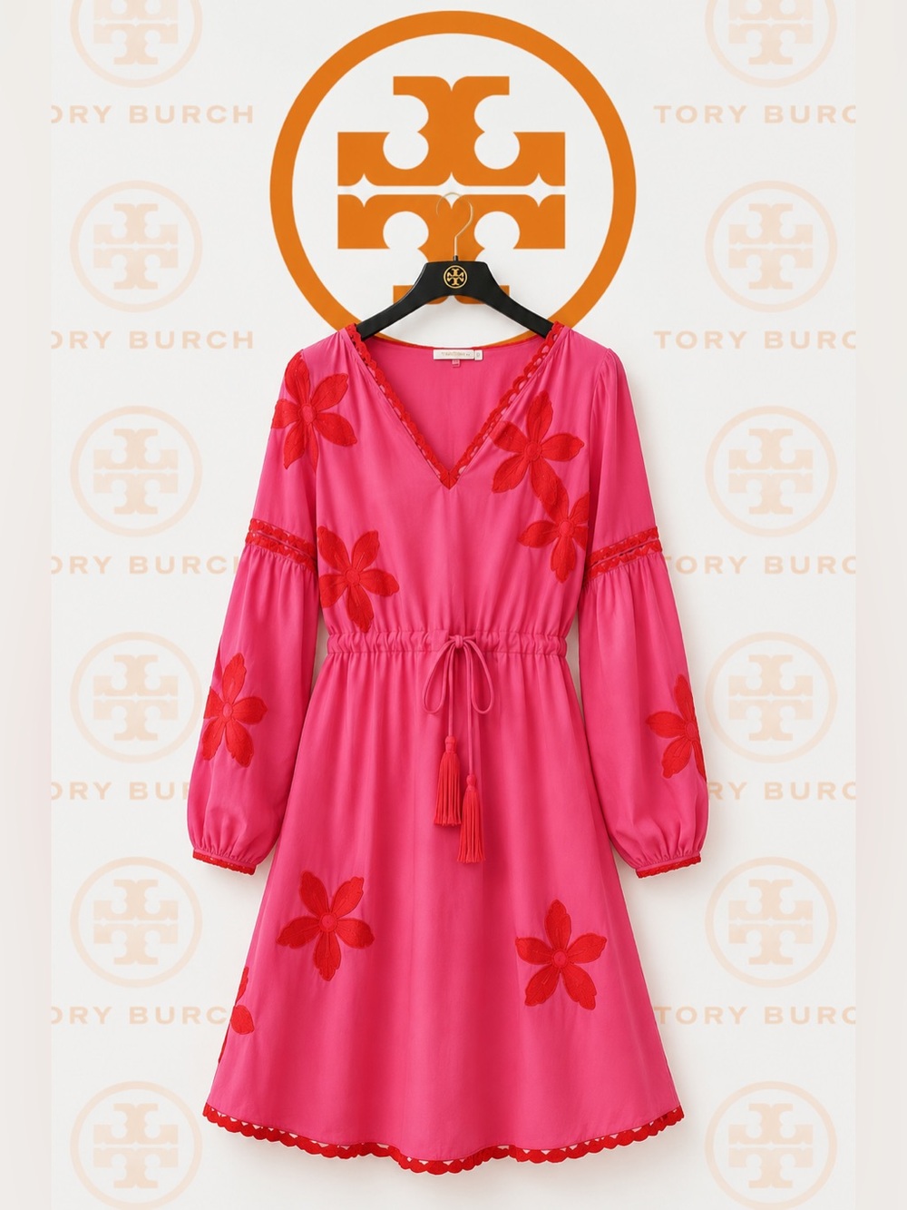 Tory Burch Pink Dress with Red/orange Floral Embroidery size 4
